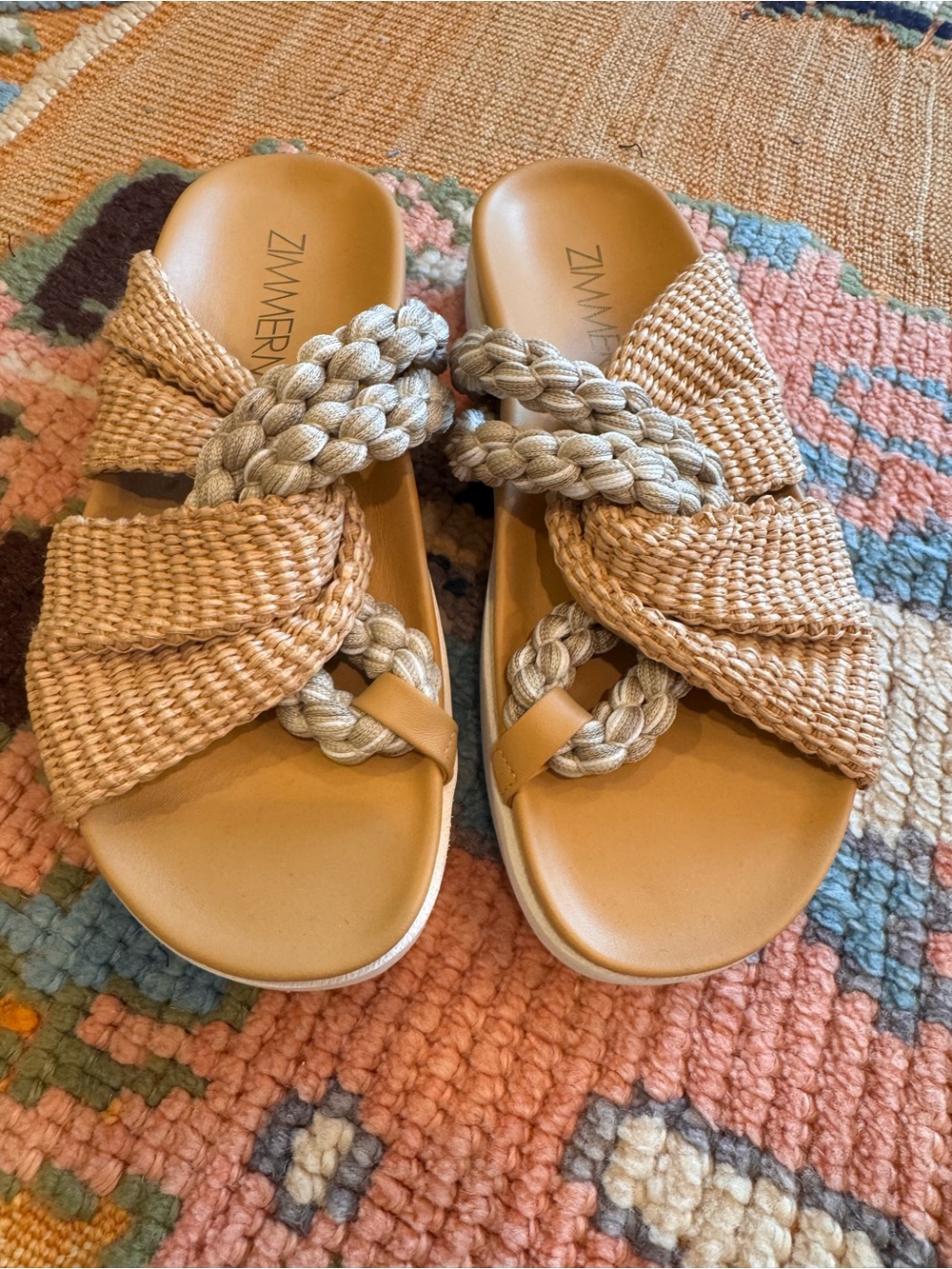 Zimmermann Braided Dual-Strap Slide Sandals in Tan and Cream